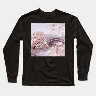 Sakura blooming trees, bridge on river watercolor. Cherry blossom scenery. Spring nature Long Sleeve T-Shirt